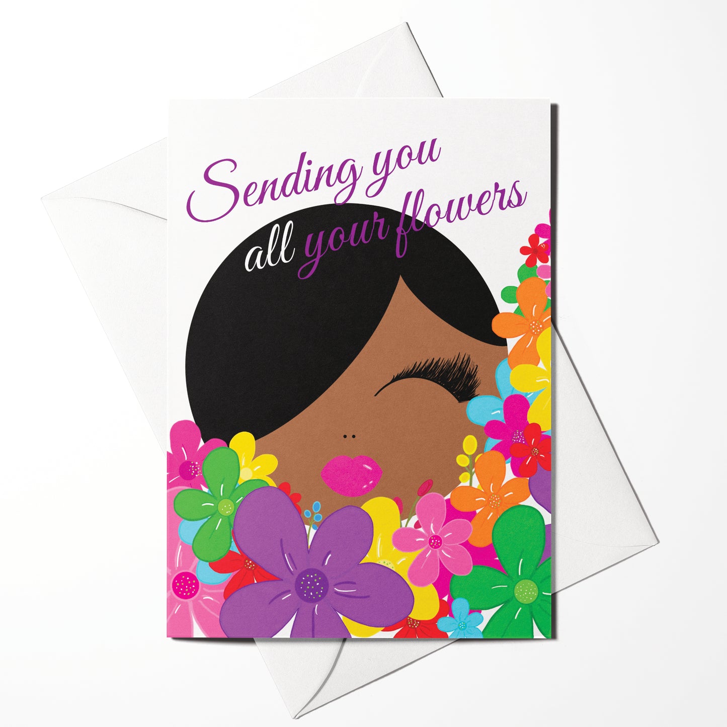 Greeting card with hand-drawn Black woman with flowers