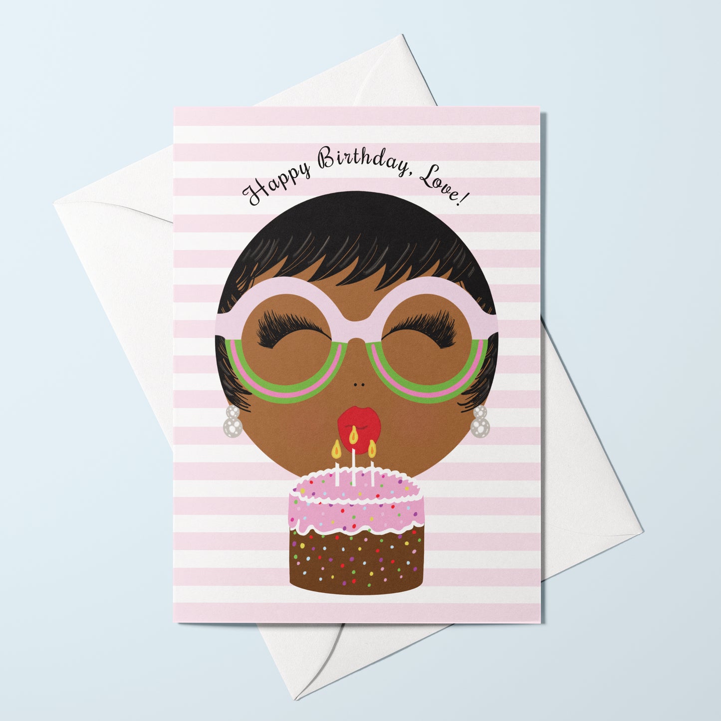 Black woman birthday card with sassy character and pink background