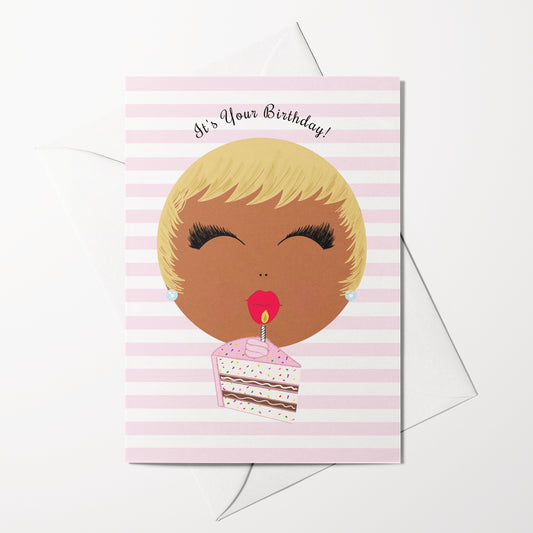 Birthday card with a stylized face with blonde hair and a cake, on a pink striped background.