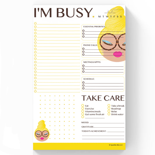 happy daily planner notepad with blonde women with glasses
