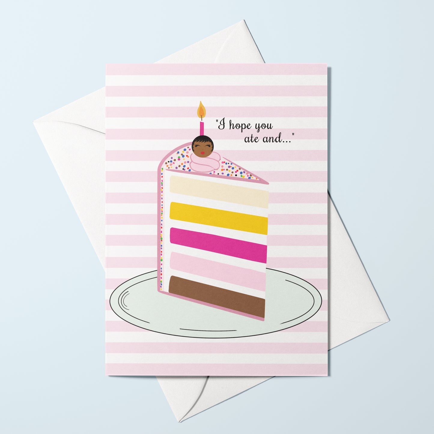 birthday card with hand-drawn Black woman on birthday cake with candles