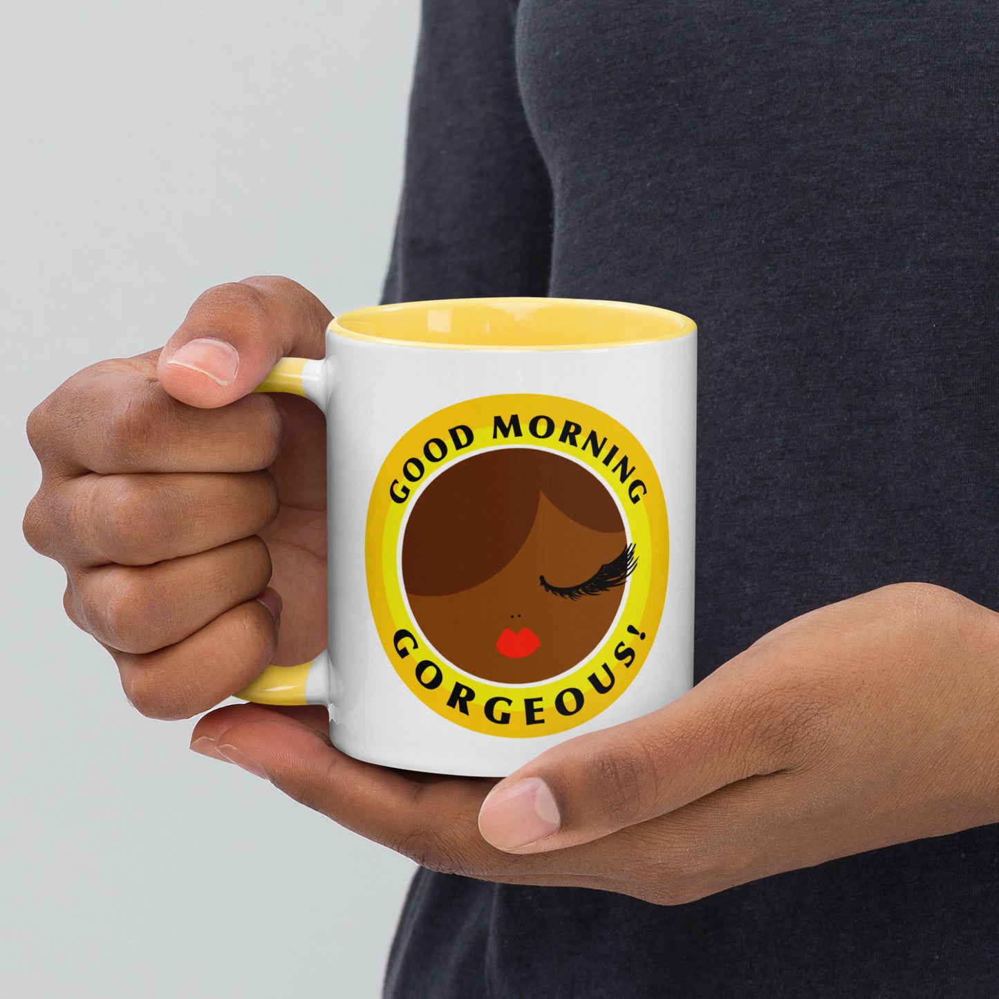 goodmorning gorgeous 11oz yellow ceramic mug lifestyle