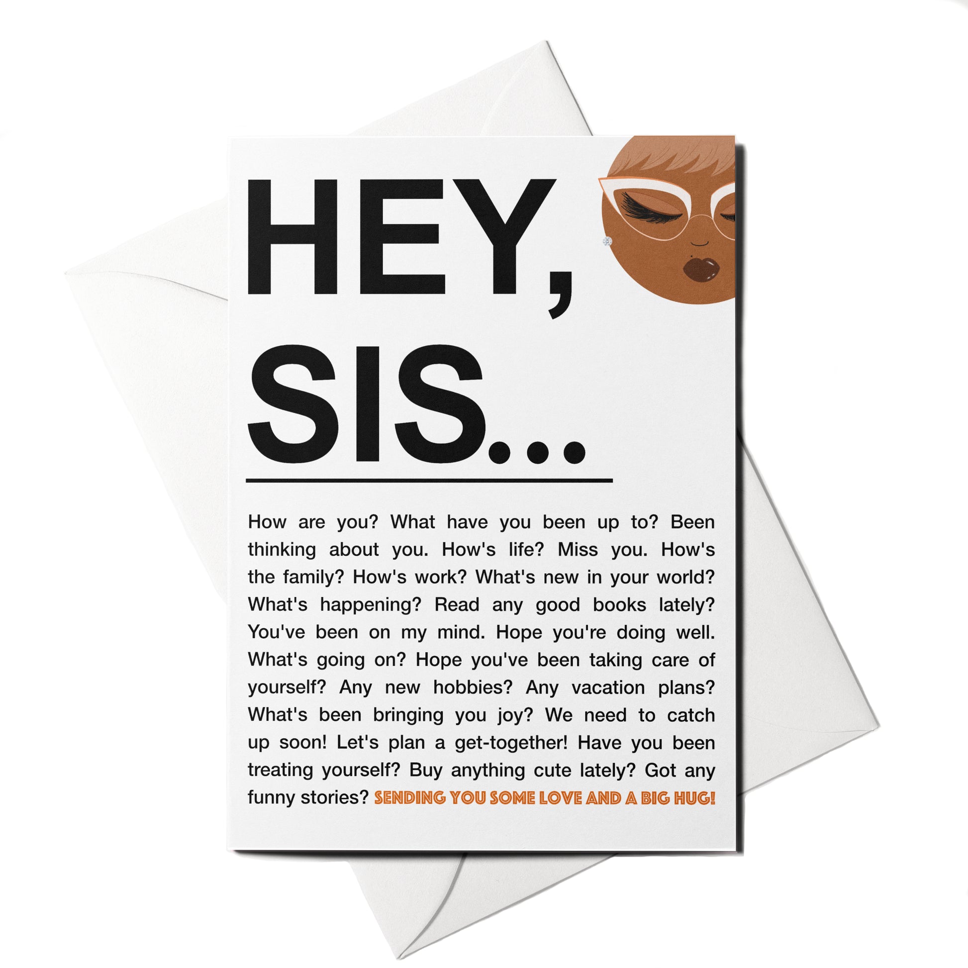 Greeting card with text and a cartoon character on a white background