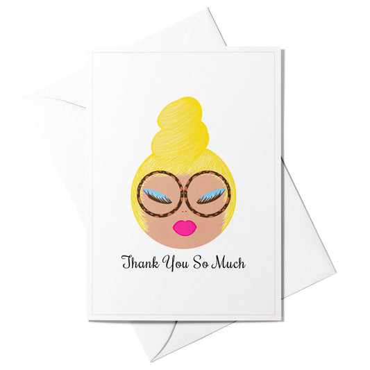 Illustrated “Thank You So Much” greeting card featuring Joan with a soft pink border