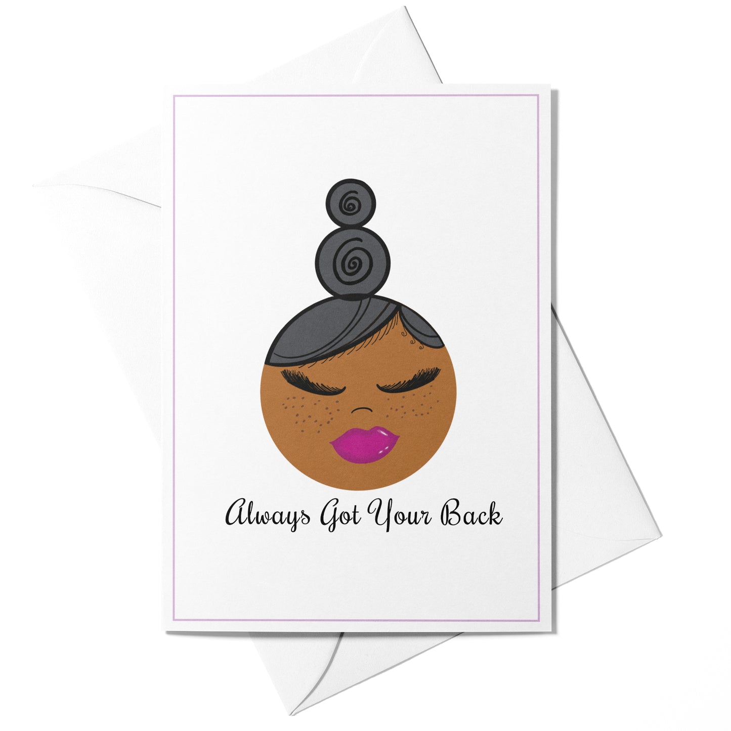 Illustrated “Always Got Your Back” greeting card featuring Kay with a soft purple border
