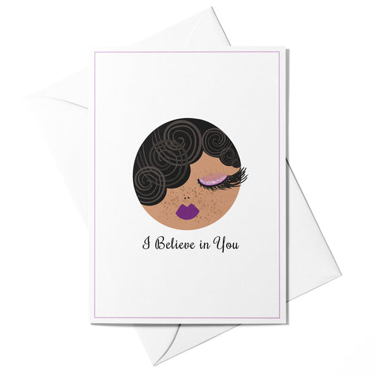 Illustrated “I Believe in You” greeting card featuring Pepper with a soft purple border