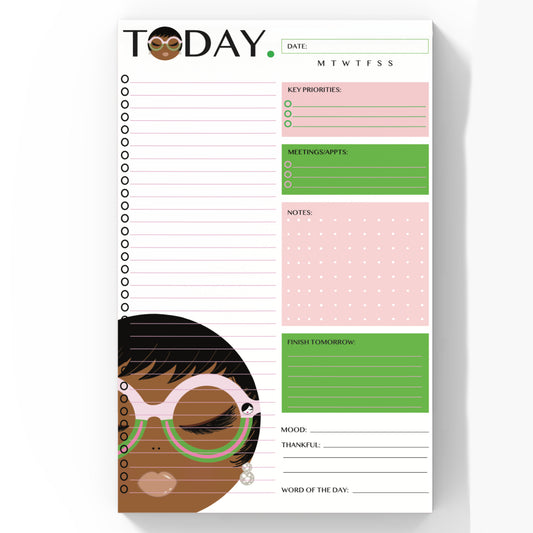 Pink and green daily planner notepad with women with glasses