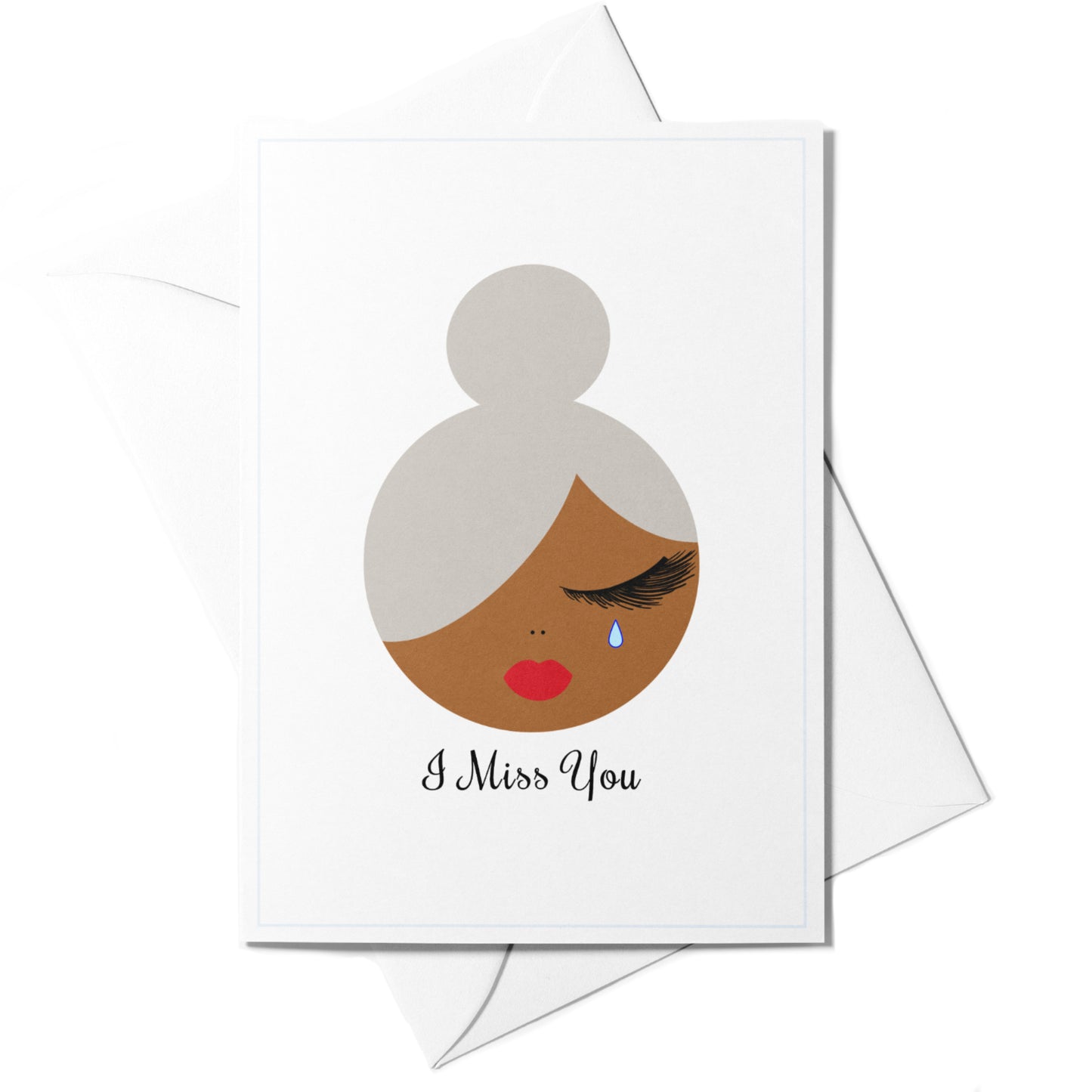 Illustrated “I Miss You” greeting card featuring Seasoned with a soft blue border