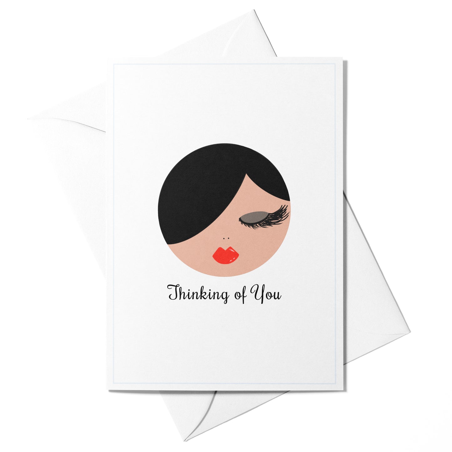 Illustrated “Thinking of You” greeting card featuring Sophie with a soft blue border