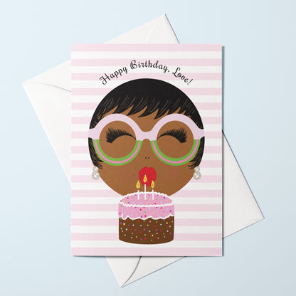 Black woman birthday card with sassy character and pink background