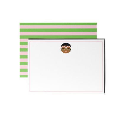 Vivianne, Pink & Green Flat Notecard Set (8) + Envelopes