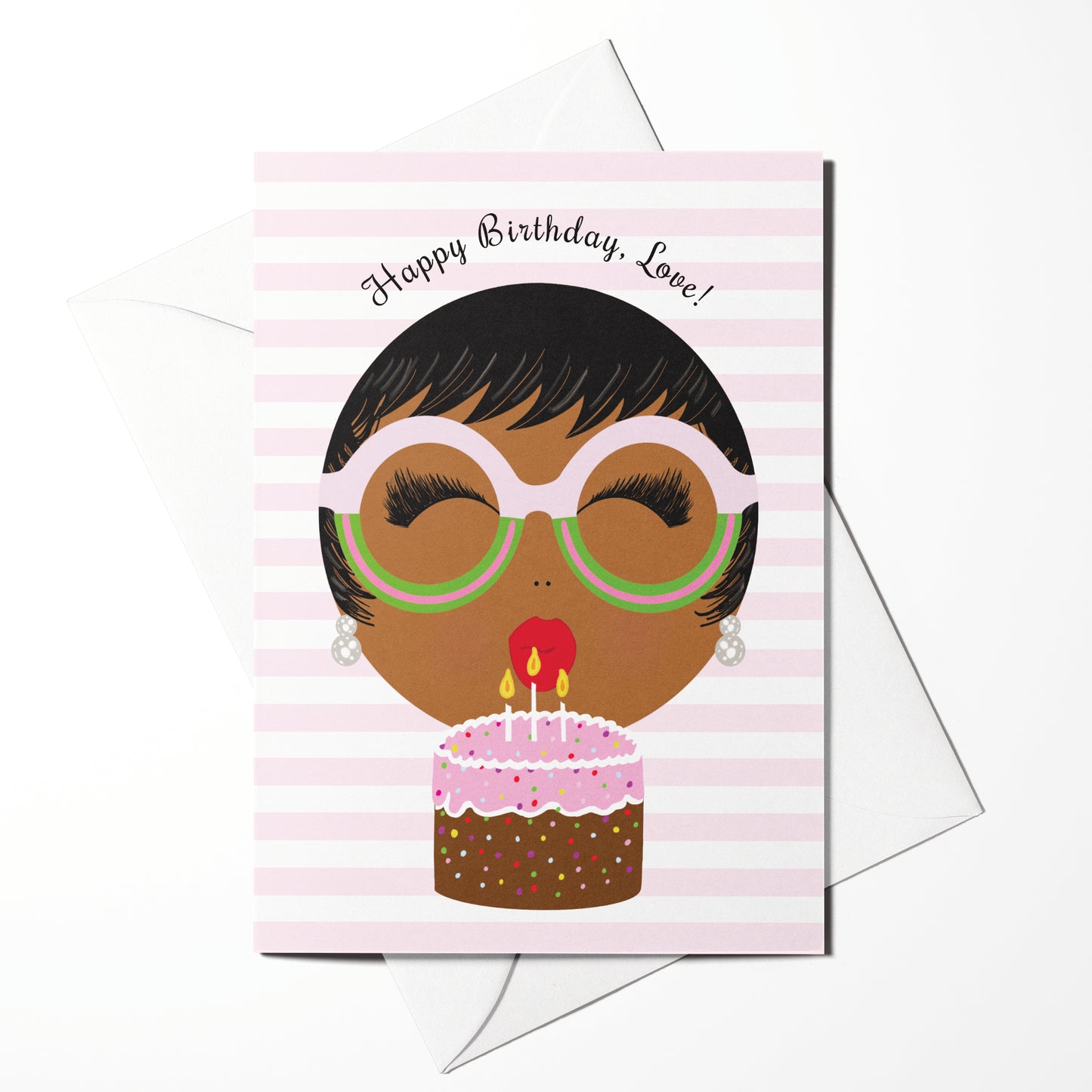 Birthday card featuring a hand-drawn Black woman blowing out candles and wearing pink and green glasses