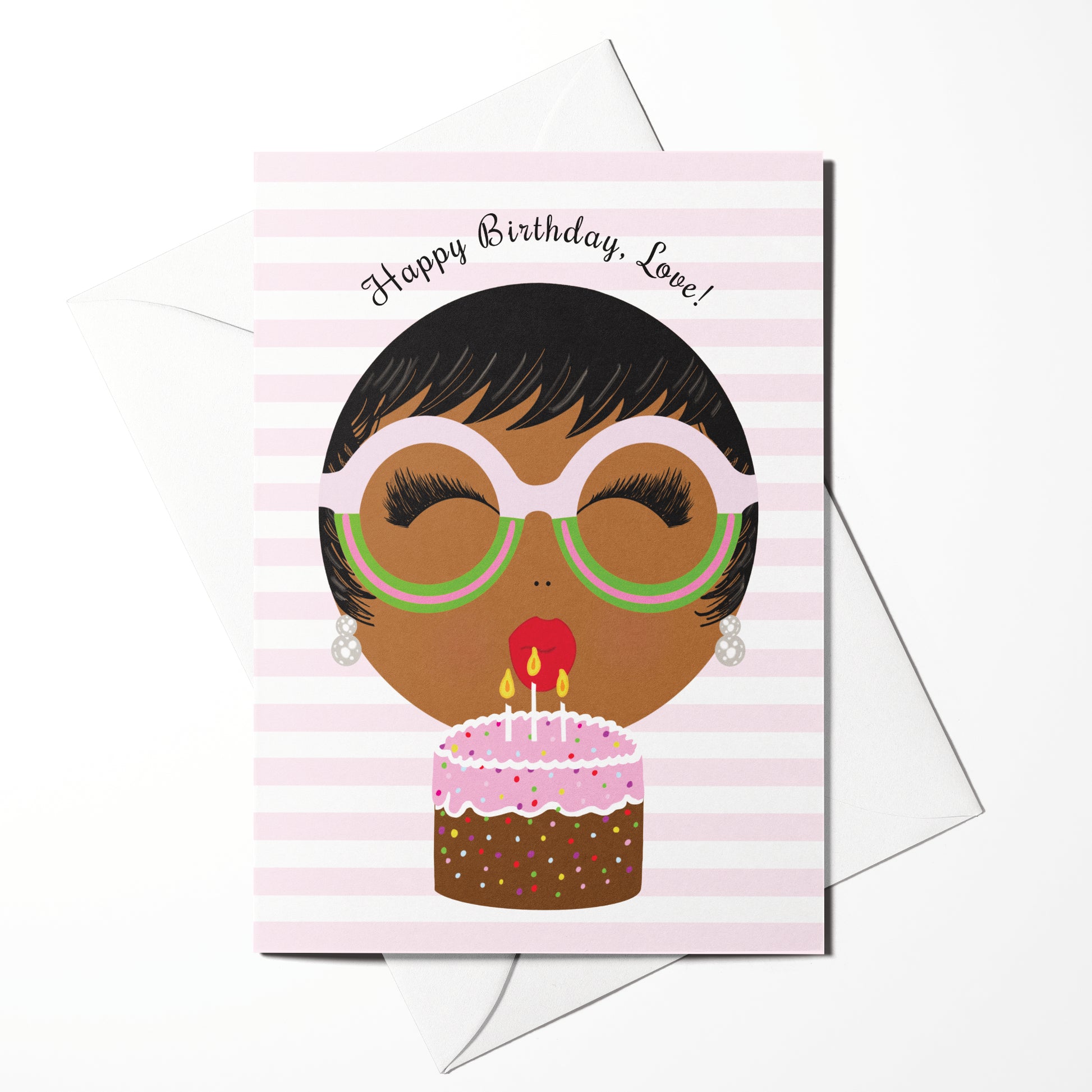 Birthday card featuring a hand-drawn Black woman blowing out candles and wearing pink and green glasses