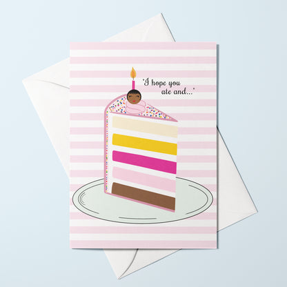 birthday card with hand-drawn Black woman on birthday cake with candles